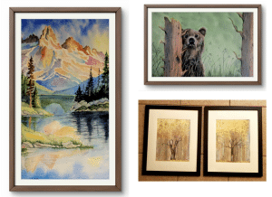 a set of 4 mountain-related watercolor scenes